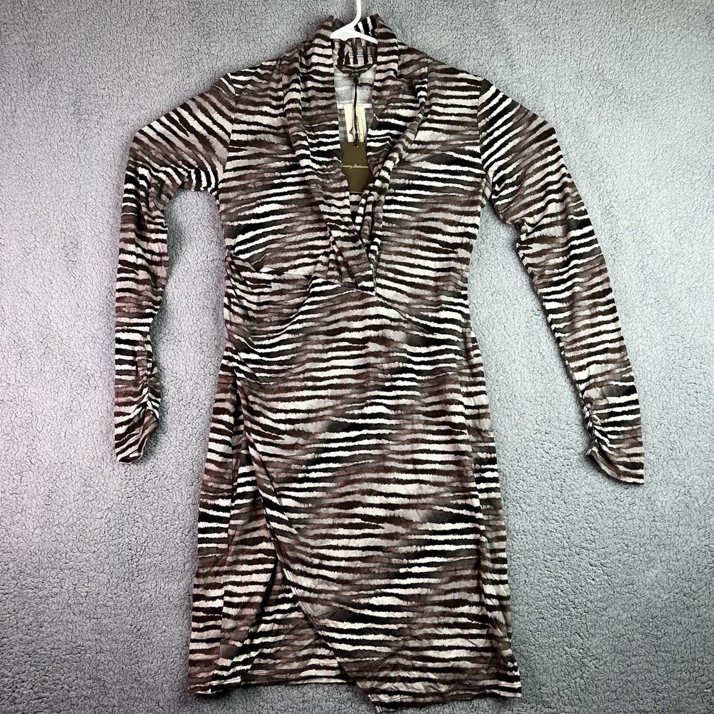 Tommy Bahama Tiger Tide Long Sleeve women's Dress Mink Brown Striped Size M/M